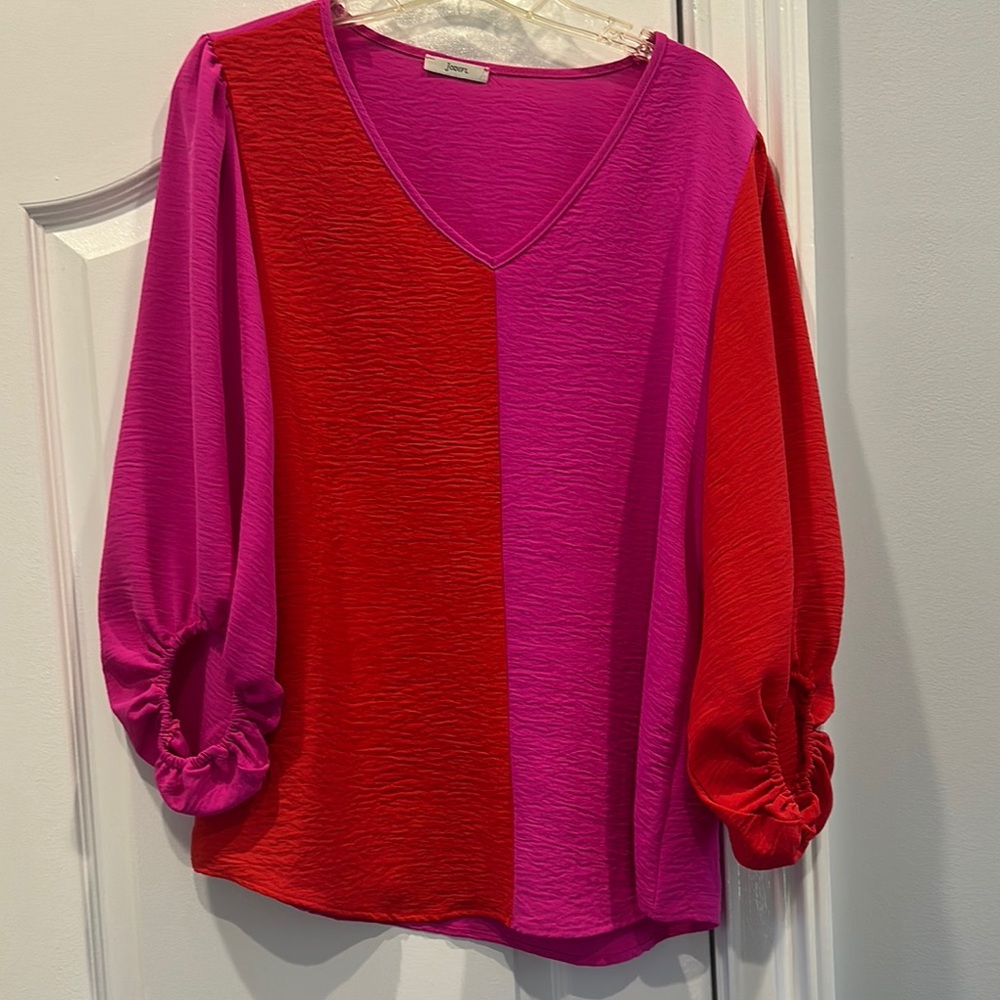 Colorblock V-Neck Blouse - Pink and Red